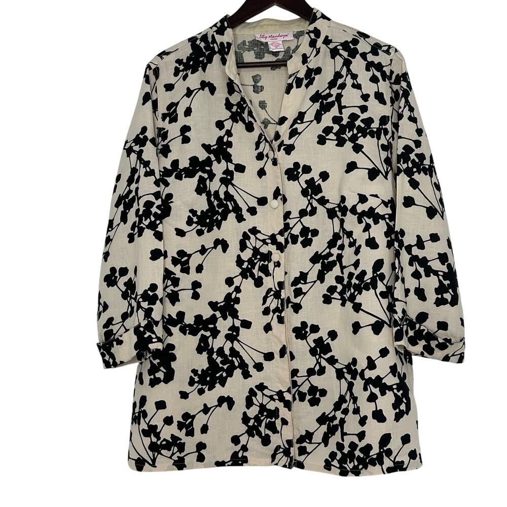 Lily Stanhope Linen Blouse Womens 1X Cream Black Floral Button Front